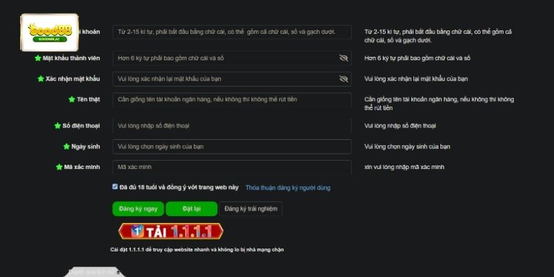 Good88 yêu cầu người chơi điền đầy đủ thông tin theo CCCD khi đăng ký